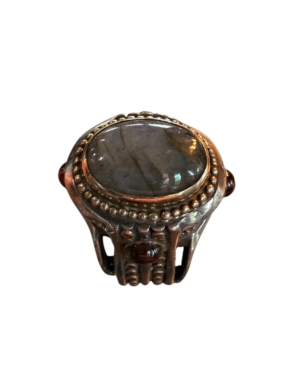 Sterling Silver and Brass Oval Labradorite and Garnet Cabochon Ring sz 6